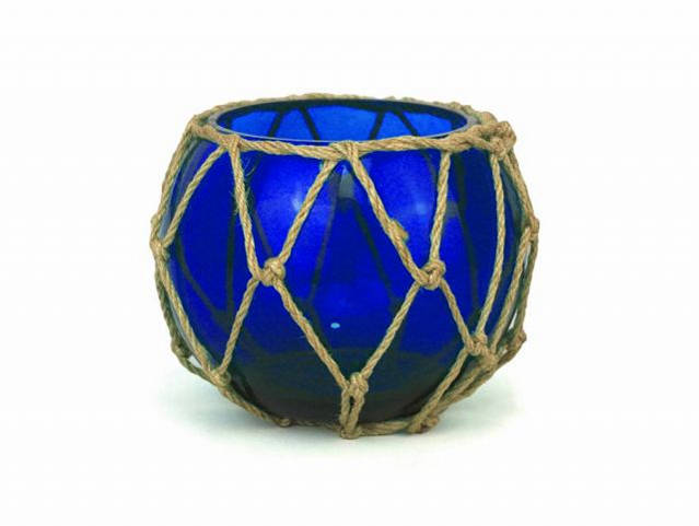 Dark Blue Japanese Glass Fishing Bowl with Decorative Brown Fish Netting 6