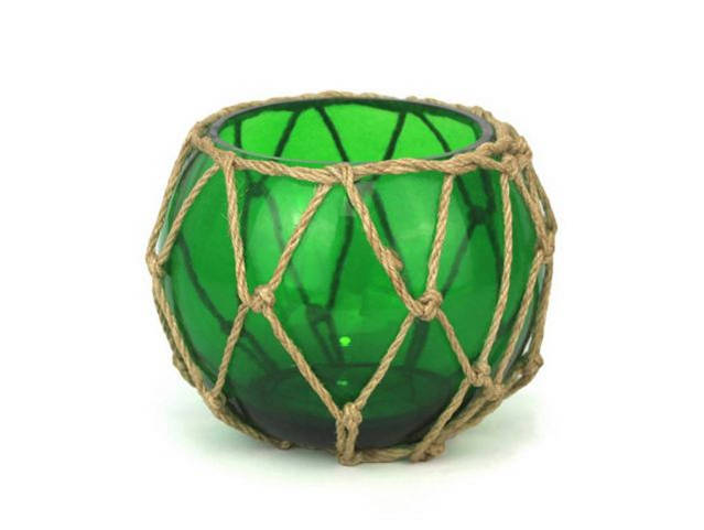 Green Japanese Glass Fishing Float Bowl with Decorative Brown Fish Netting 6