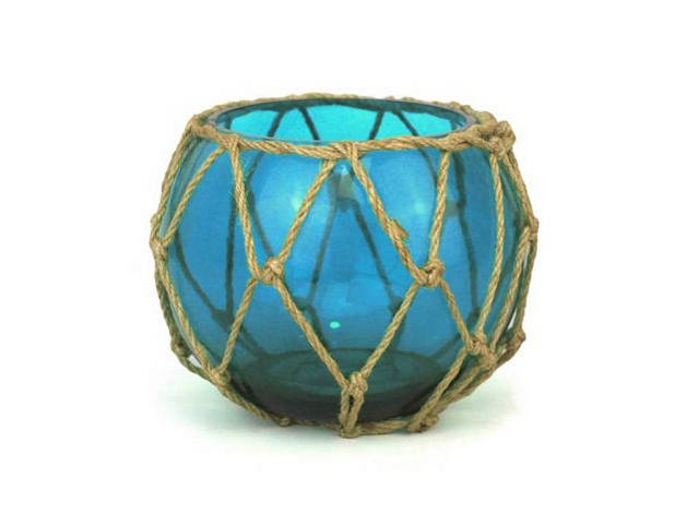 Light Blue Japanese Glass Fishing Float Bowl with Decorative Brown Fish Netting 6