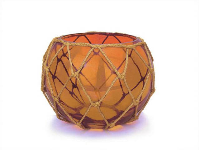 Orange Japanese Glass Fishing Float Bowl with Decorative Brown Fish Netting 8