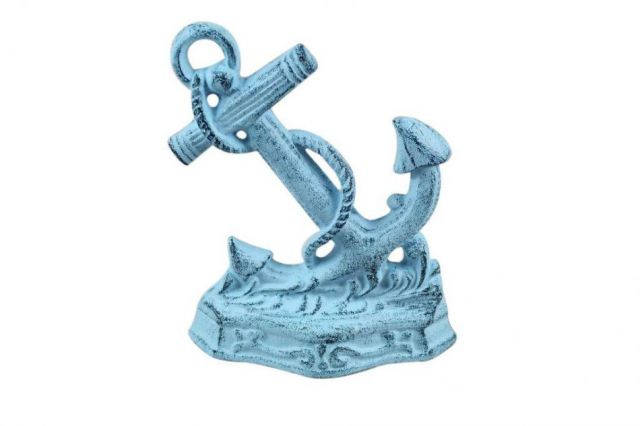 Set of 2 - Dark Blue Whitewashed Cast Iron Anchor Book Ends 8