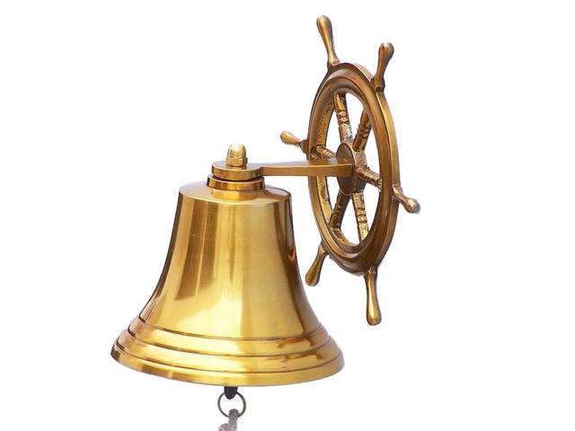 7 Hampton Nautical Brass Plated Hanging Ship Wheel Bell 