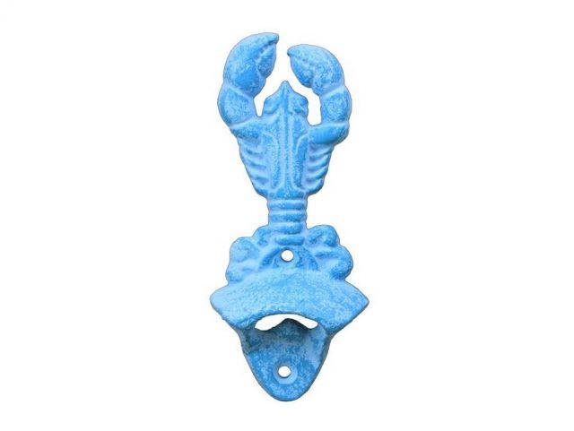 Light Blue Whitewashed Cast Iron Wall Mounted Lobster Bottle Opener 6
