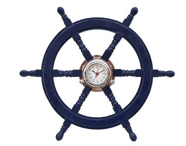 Deluxe Class Dark Blue Wood and Chrome Pirate Ship Wheel Clock 24