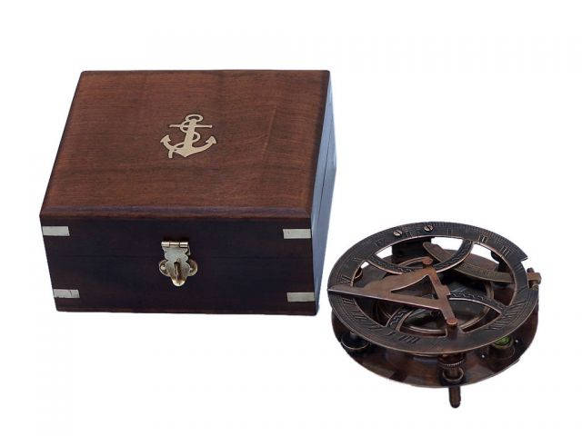 Antique Copper Round Sundial Compass with Rosewood Box 6