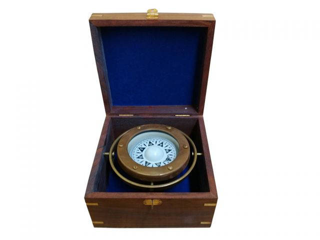 Antique Brass Gimbal Compass w- Rosewood Box 5