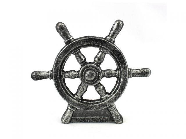 Antique Silver Cast Iron Ship Wheel Door Stopper 9