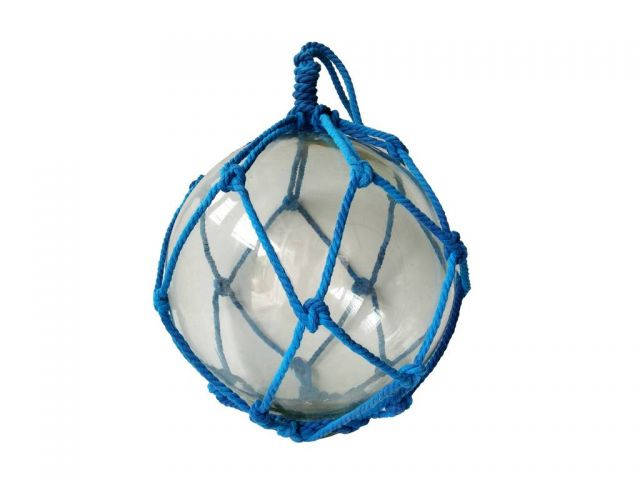 Clear Japanese Glass Ball Fishing Float with Dark Blue Netting Decoration 12