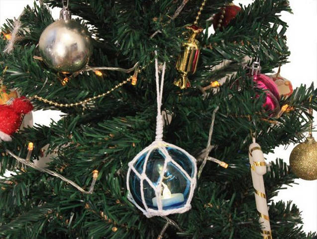 LED Lighted Light blue Japanese Glass Ball Fishing Float with White Netting Christmas Tree Ornament 3