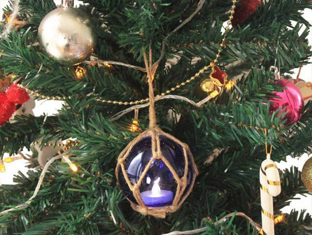 LED Lighted Dark Blue Japanese Glass Ball Fishing Float with Brown Netting Christmas Tree Ornament 3