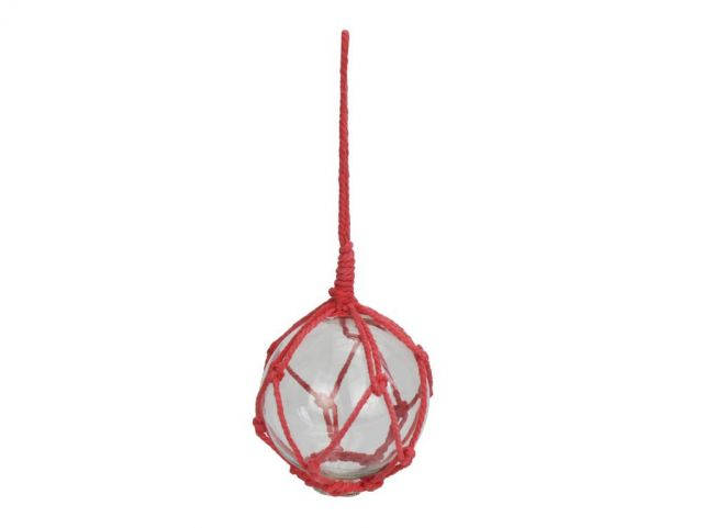 Clear Japanese Glass Ball Fishing Float with Red Netting Decoration 3
