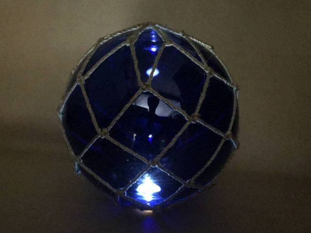 Tabletop LED Lighted Dark Blue Japanese Glass Ball Fishing Float with Brown Netting Decoration 10