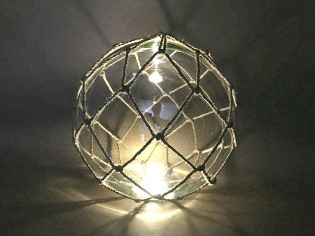 Tabletop LED Lighted Clear Japanese Glass Ball Fishing Float with White Netting Decoration 10