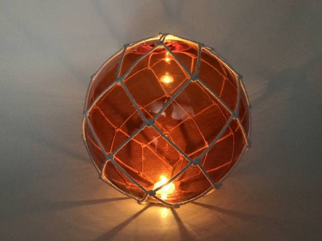 Tabletop LED Lighted Orange Japanese Glass Ball Fishing Float with White Netting Decoration 10
