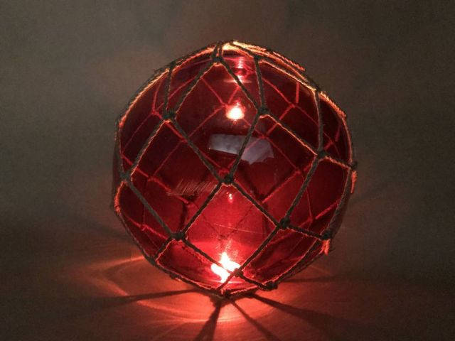 Tabletop LED Lighted Red Japanese Glass Ball Fishing Float with Brown Netting Decoration 10