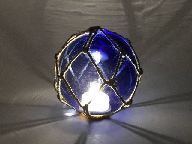 Tabletop LED Lighted Dark Blue Japanese Glass Ball Fishing Float with Brown Netting Decoration 4
