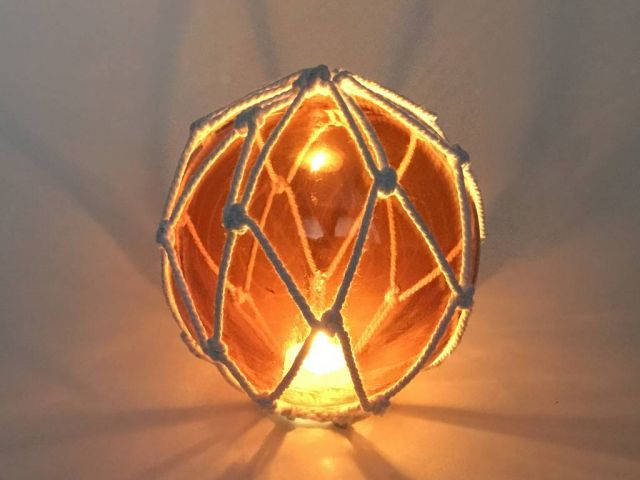 Tabletop LED Lighted Orange Japanese Glass Ball Fishing Float with White Netting Decoration 6