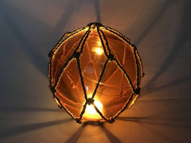 Tabletop LED Lighted Orange Japanese Glass Ball Fishing Float with Brown Netting Decoration 6
