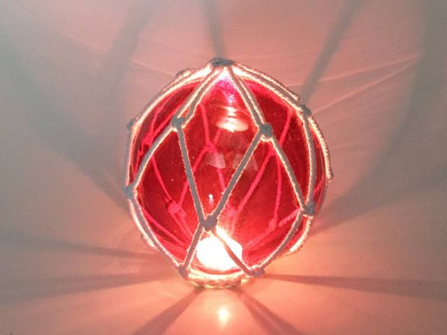 Tabletop LED Lighted Red Japanese Glass Ball Fishing Float with White Netting Decoration 6