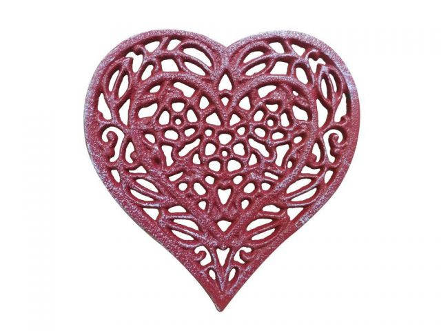 Rustic Red Whitewashed Cast Iron Heart Shaped Trivet 7