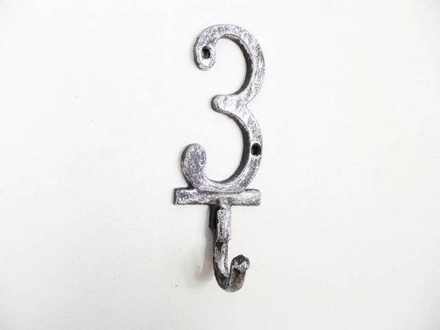 Rustic Silver Cast Iron Number 3 Wall Hook 6