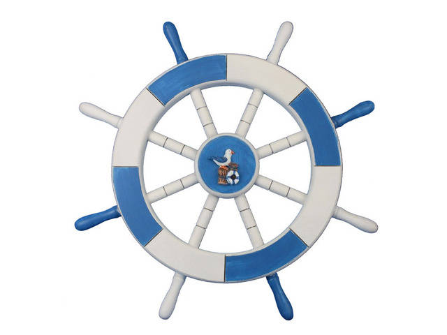Light Blue and White Decorative Ship Wheel with Seagull and Lifering 18