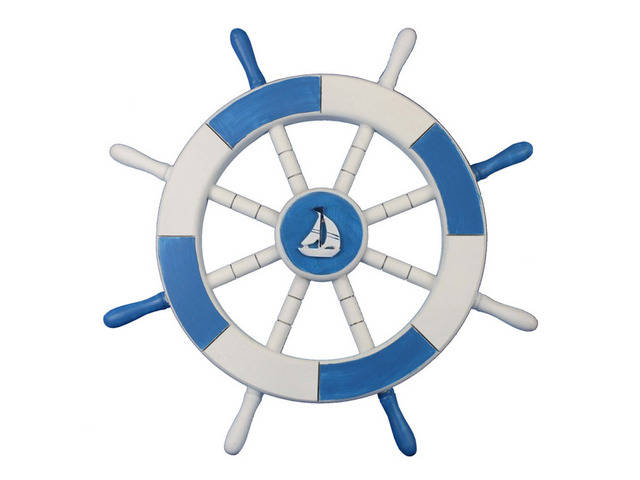 Light Blue and White Decorative Ship Wheel with Sailboat 18