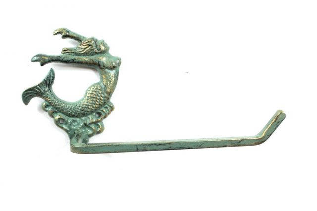 Antique Seaworn Bronze Cast Iron Decorative Arching Mermaid Toilet Paper Holder 11
