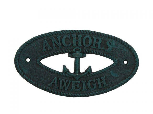 Seaworn Blue Cast Iron Anchors Aweigh with Anchor Sign 8