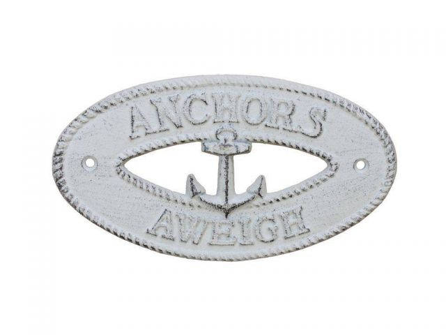 Whitewashed Cast Iron Anchors Aweigh with Anchor Sign 8