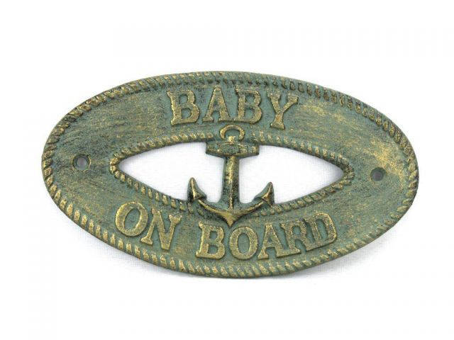 Antique Bronze Cast Iron Baby on Board with Anchor Sign 8
