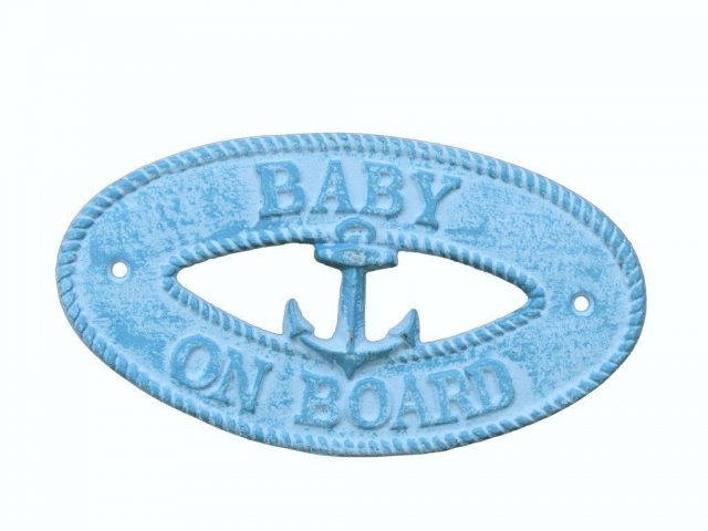 Light Blue Whitewashed Cast Iron Baby on Board with Anchor Sign 8