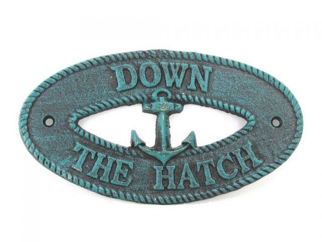 Seaworn Blue Cast Iron Down the Hatch with Anchor Sign 8
