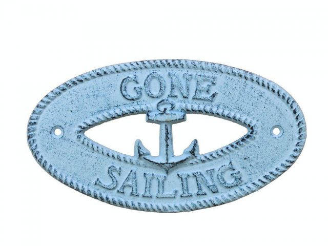  Dark Blue Whitewashed Cast Iron Gone Sailing with Anchor Sign 8