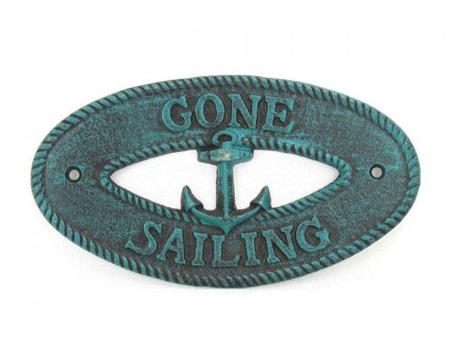 Seaworn Blue Cast Iron Gone Sailing with Anchor Sign 8