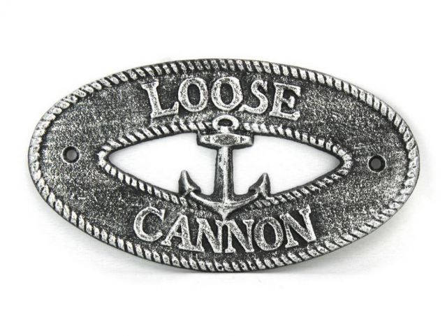 Antique Silver Cast Iron Loose Cannon with Anchor Sign 8