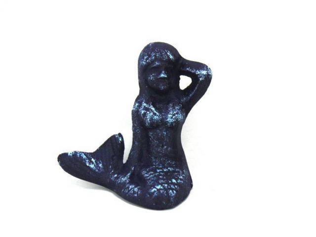 Rustic Dark Blue Cast Iron Sitting Mermaid Paperweight 3