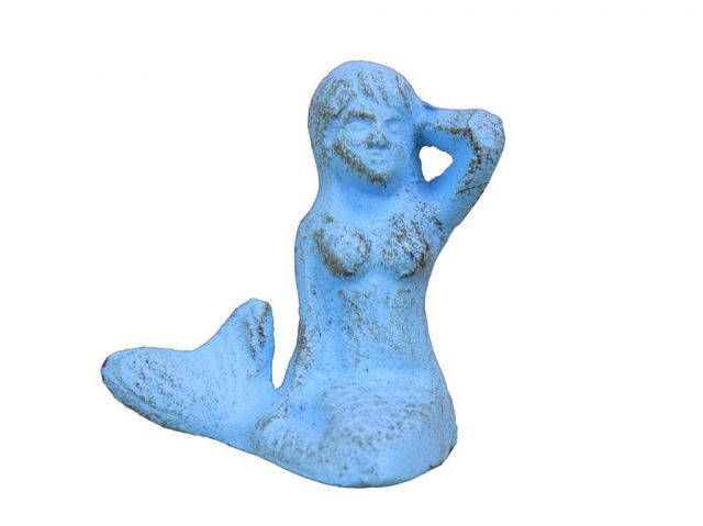 Rustic Light Blue Cast Iron Sitting Mermaid Paperweight 3