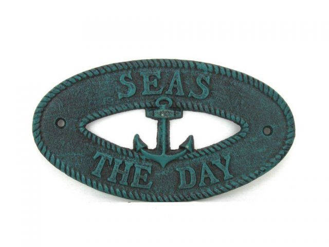 Seaworn Blue Cast Iron Seas the Day with Anchor Sign 8