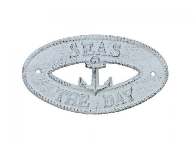 Whitewashed Cast Iron Seas the Day with Anchor Sign 8