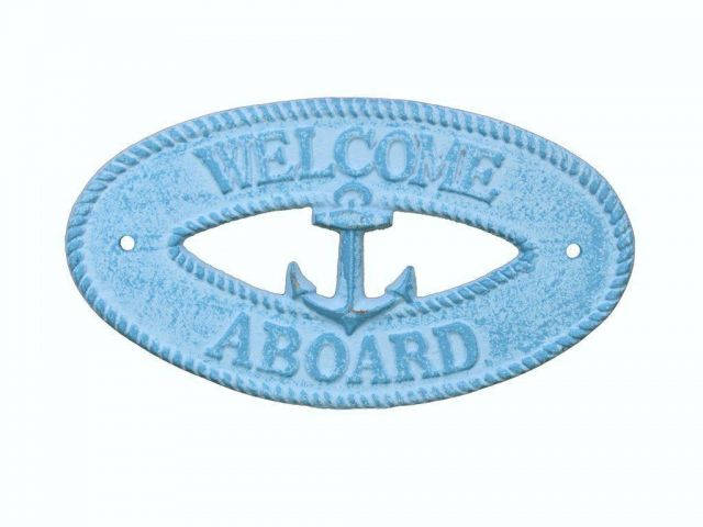 Light Blue Whitewashed Cast Iron Welcome Aboard with Anchor Sign 8