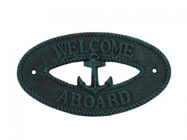 Seaworn Blue Cast Iron Welcome Aboard with Anchor Sign 8