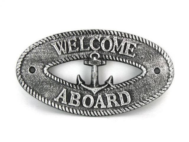 Antique Silver Cast Iron Welcome Aboard with Anchor Sign 8