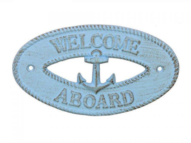 Rustic Light Blue Cast Iron Welcome Aboard with Anchor Sign 8