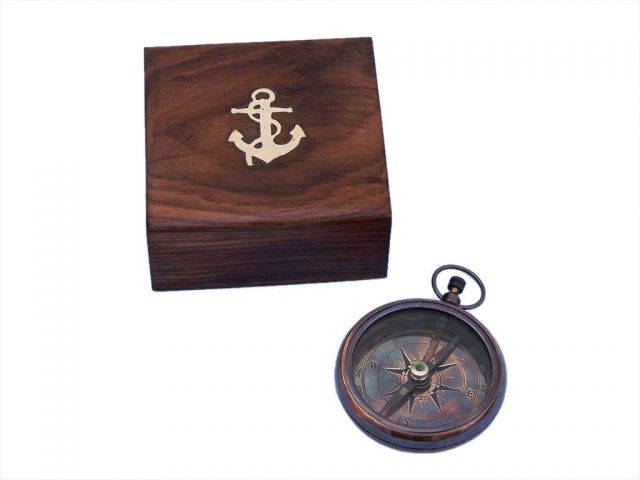 Antique Copper Beveled Lensatic Compass w- Rosewood Box 4