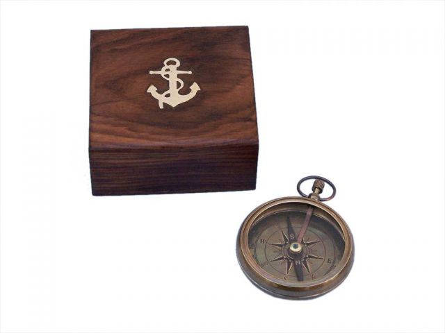 Antique Brass Beveled Lensatic Compass w- Rosewood Box 4
