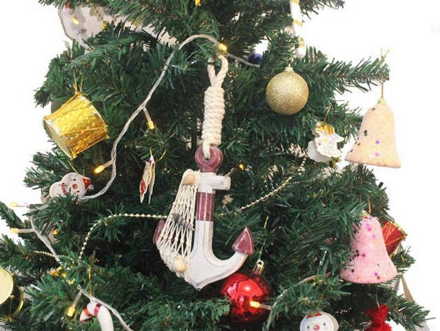 Wooden Rustic Decorative Red and White Anchor Christmas Tree Ornament