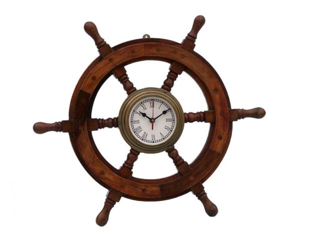 Deluxe Class Wood and Antique Brass Ship Steering Wheel Clock 18
