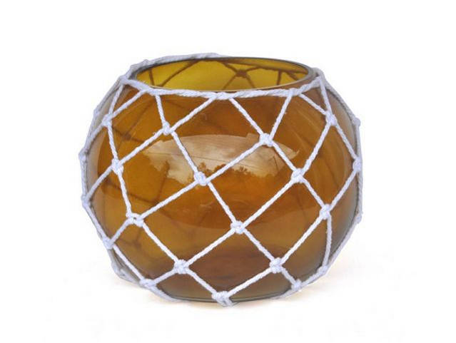 Amber Japanese Glass Fishing Float Bowl with Decorative White Fish Netting 10