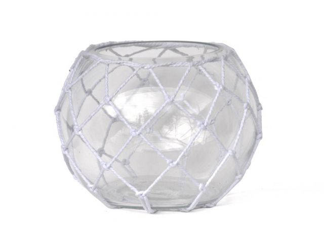 Clear Japanese Glass Fishing Float Bowl with Decorative White Fish Netting 10